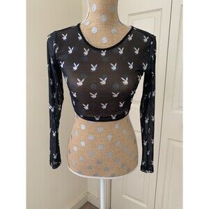PLAYBOY Women Crop Top Size S/M Black Sheer Mesh Indie Sleeze Y2K Goth Bunny